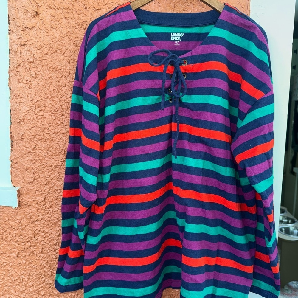 Lands End Jersey Womens XL Petite Purple Red Green Stripe Cotton Lace Rugby Top